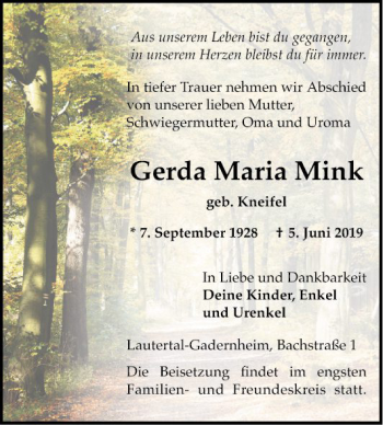 Traueranzeige von Gerda Maria Mink von Bergsträßer Anzeiger
