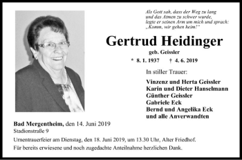 Traueranzeige von Gertrud Heidinger von Fränkische Nachrichten