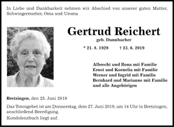 Traueranzeige von Gertrud Reichert von Fränkische Nachrichten