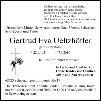 Traueranzeige von Gertrud Eva Ueltzhöffer von Schwetzinger Zeitung