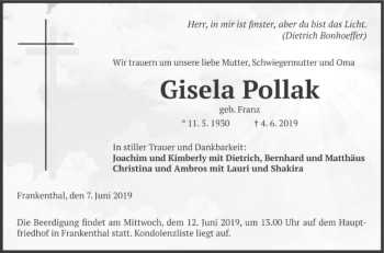 Traueranzeige von Gisela Pollak von Mannheimer Morgen