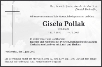 Traueranzeige von Gisela Pollak von Südhessen Morgen