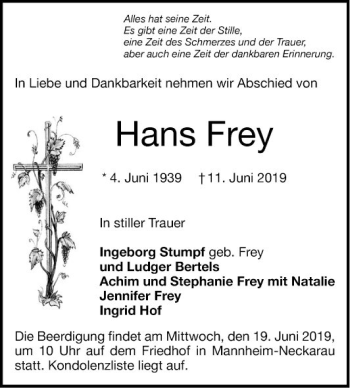 Traueranzeige von Hans Frey von Mannheimer Morgen