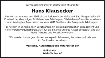 Traueranzeige von Hans Klausecker von Fränkische Nachrichten