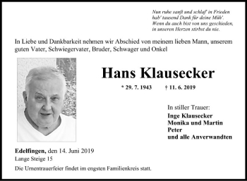 Traueranzeige von Hans Klausecker von Fränkische Nachrichten