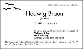 Traueranzeige von Hedwig Braun von Schwetzinger Zeitung