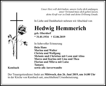 Traueranzeige von Hedwig Hemmerich von Fränkische Nachrichten