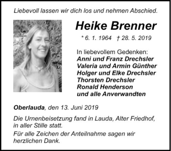 Traueranzeige von Heike Brenner von Fränkische Nachrichten