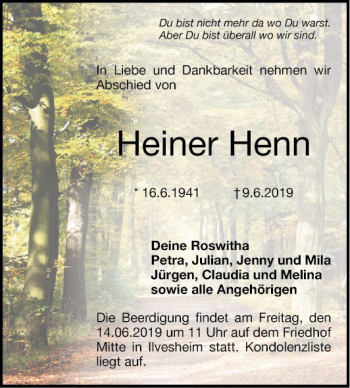 Traueranzeige von Heiner Henn von Mannheimer Morgen