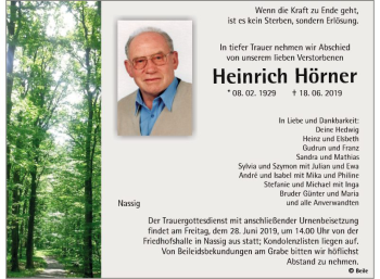 Traueranzeige von Heinrich Hörner von Fränkische Nachrichten