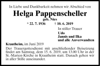 Traueranzeige von Helga Pappenscheller von Fränkische Nachrichten