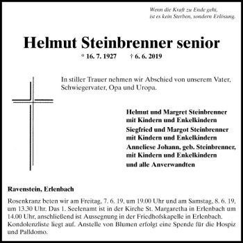 Traueranzeige von Helmut Steinbrenner von Fränkische Nachrichten