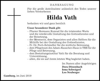 Traueranzeige von Hilda Vath von Fränkische Nachrichten