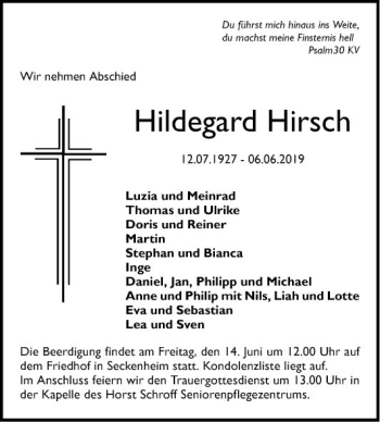 Traueranzeige von Hildegard Hirsch von Mannheimer Morgen