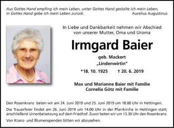 Traueranzeige von Irmgard Baier von Fränkische Nachrichten