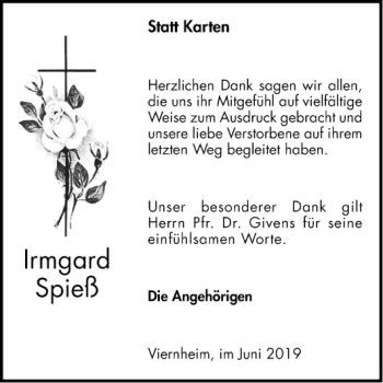 Traueranzeige von Irmgard Spieß von Südhessen Morgen