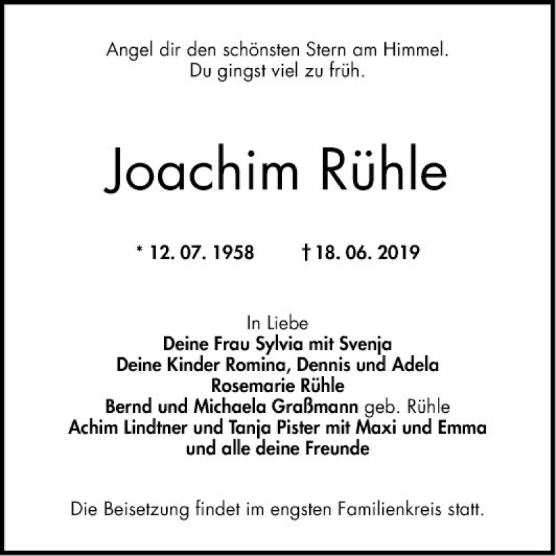  Traueranzeige für Joachim Rühle vom 22.06.2019 aus Mannheimer Morgen