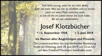 Traueranzeige von Josef Klotzbücher von Mannheimer Morgen