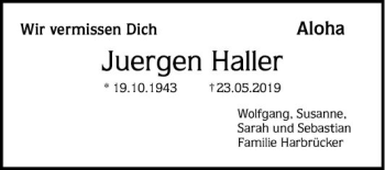 Traueranzeige von Juergen Haller von Mannheimer Morgen