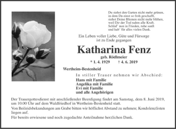 Traueranzeige von Katharina Fenz von Fränkische Nachrichten