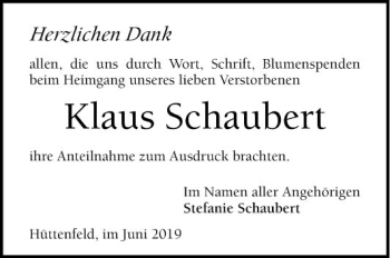 Traueranzeige von Klaus Schaubert von Südhessen Morgen