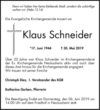 Traueranzeige von Klaus Schneider von Schwetzinger Zeitung