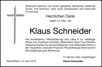 Traueranzeige von Klaus Schneider von Schwetzinger Zeitung