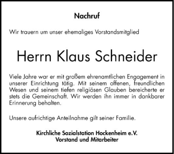 Traueranzeige von Klaus Schneider von Schwetzinger Zeitung