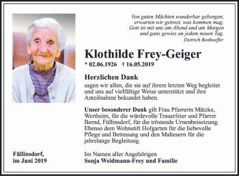 Traueranzeige von Klothilde Frey-Geiger von Fränkische Nachrichten