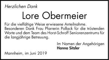 Traueranzeige von Lore Obermeier von Mannheimer Morgen