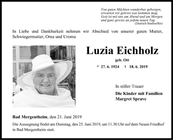 Traueranzeige von Luzia Eichholz von Fränkische Nachrichten