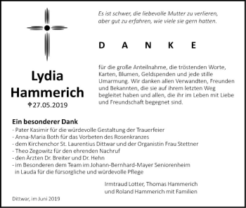 Traueranzeige von Lydia Hammerich von Fränkische Nachrichten