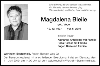 Traueranzeige von Magdalena Bleile von Fränkische Nachrichten