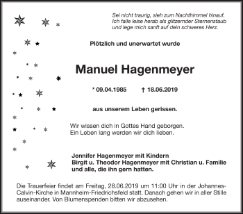 Traueranzeige von Manuel Hagenmeyer von Mannheimer Morgen