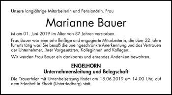 Traueranzeige von Marianne Bauer von Mannheimer Morgen