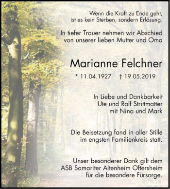 Traueranzeige von Marianne Felchner von Schwetzinger Zeitung