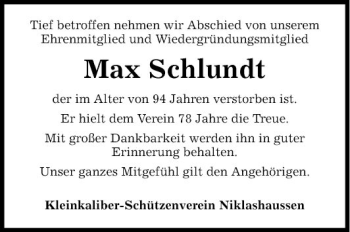 Traueranzeige von Max Schlundt von Fränkische Nachrichten