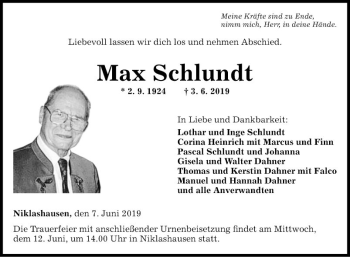 Traueranzeige von Max Schlundt von Fränkische Nachrichten