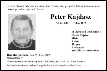 Traueranzeige von Peter Kajdasz von Fränkische Nachrichten