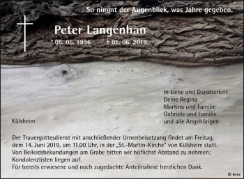 Traueranzeige von Peter Langenhan von Fränkische Nachrichten