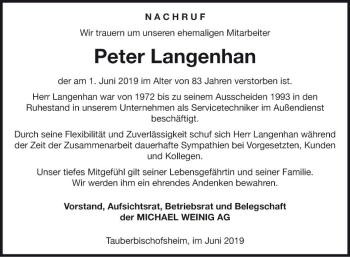 Traueranzeige von Peter Langenhan von Fränkische Nachrichten