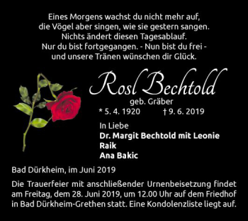 Traueranzeige von Rosl Bechtold von Mannheimer Morgen