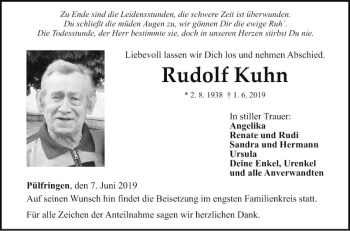 Traueranzeige von Rudolf Kuhn von Fränkische Nachrichten