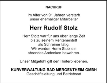 Traueranzeige von Rudolf Stolz von Fränkische Nachrichten