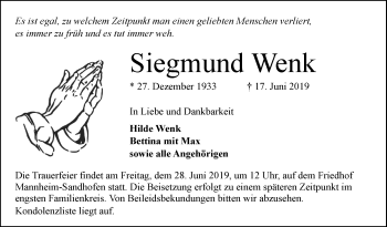 Traueranzeige von Siegmund Wenk von Mannheimer Morgen