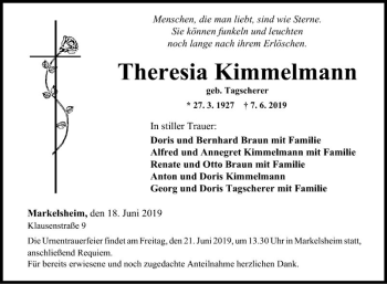 Traueranzeige von Theresia Kimmelmann von Fränkische Nachrichten