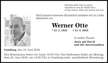 Traueranzeige von Werner Otte von Fränkische Nachrichten