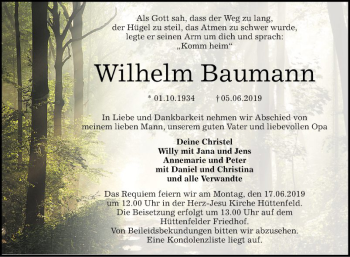 Traueranzeige von Wilhelm Baumann von Südhessen Morgen