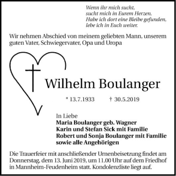 Traueranzeige von Wilhelm Boulanger von Mannheimer Morgen