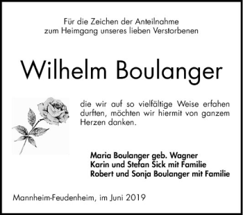 Traueranzeige von Wilhelm Boulanger von Mannheimer Morgen